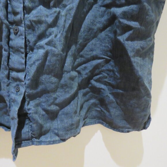 EILEEN FISHER Washed Organic Linen Délavé Band Collar Shirt in Indigo Lagenlook - Picture 8 of 15